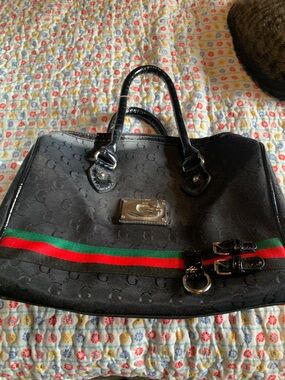 Black Designer-Style Tote with Red & Green Accent